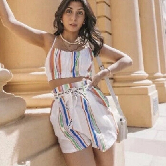 H&M x LemLem boho Crop Top Multi Color Stripe set Bra Ruched and Shorts Size Med - Picture 3 of 7